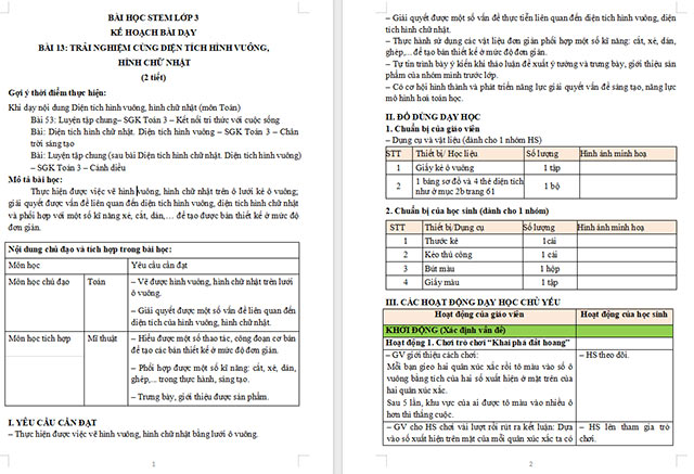 Giáo án STEM Trải nghiệm cùng diện tích hình vuông, hình chữ nhật