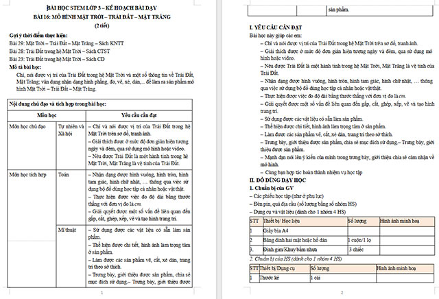 Giáo án STEM Mô hình Mặt Trời - Trái Đất - Mặt Trăng