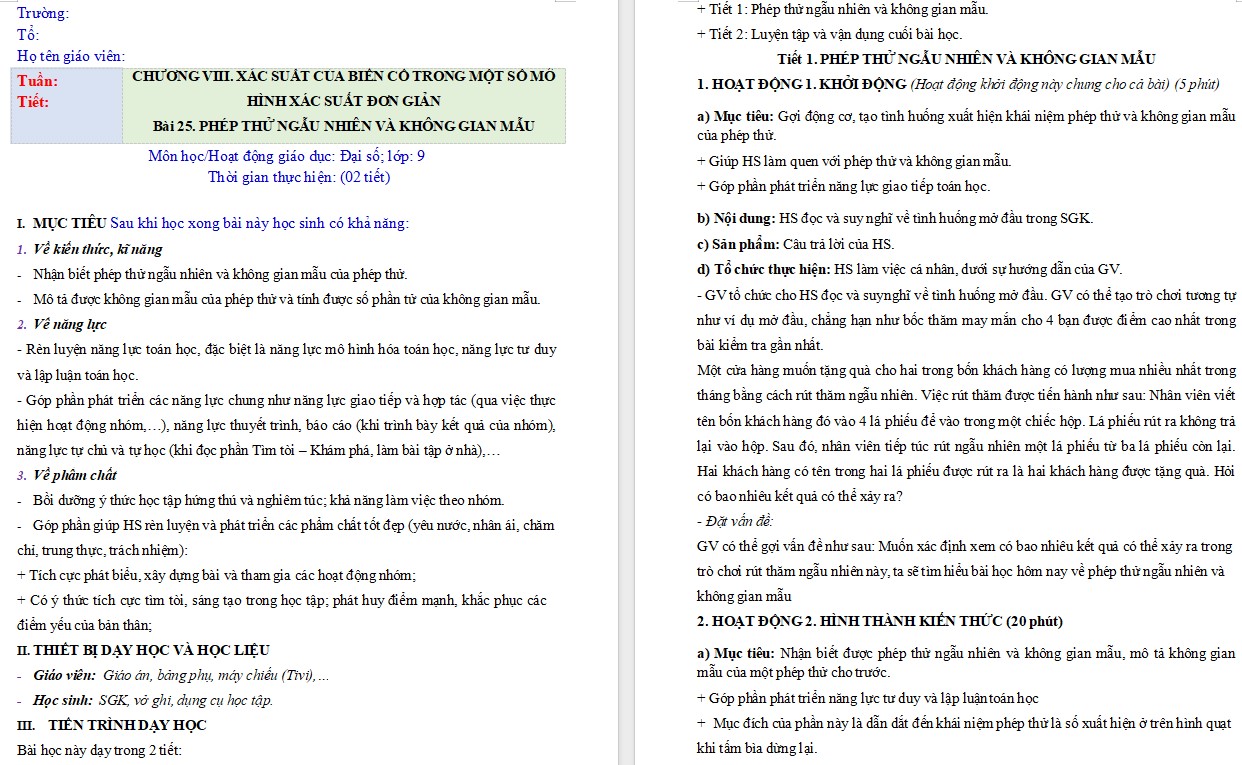 Giáo án Toán 9 KNTT Bài 25