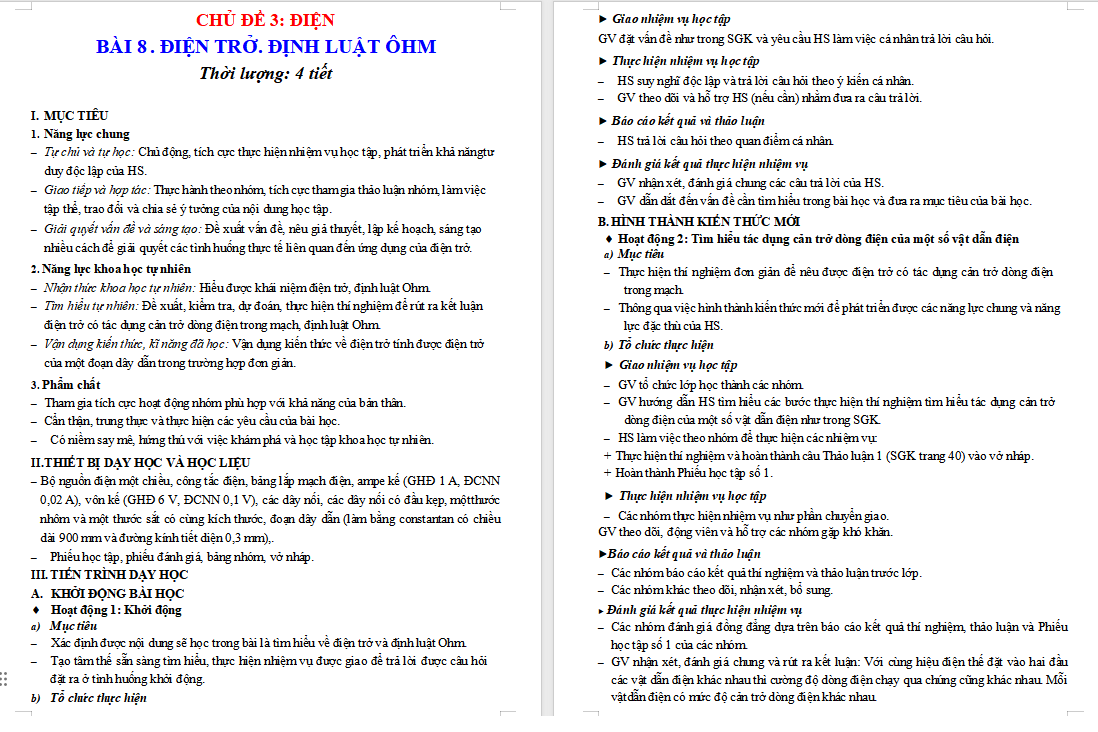 Giáo án Vật lí 9 Bài 8 Điện trở Định luật Ohm