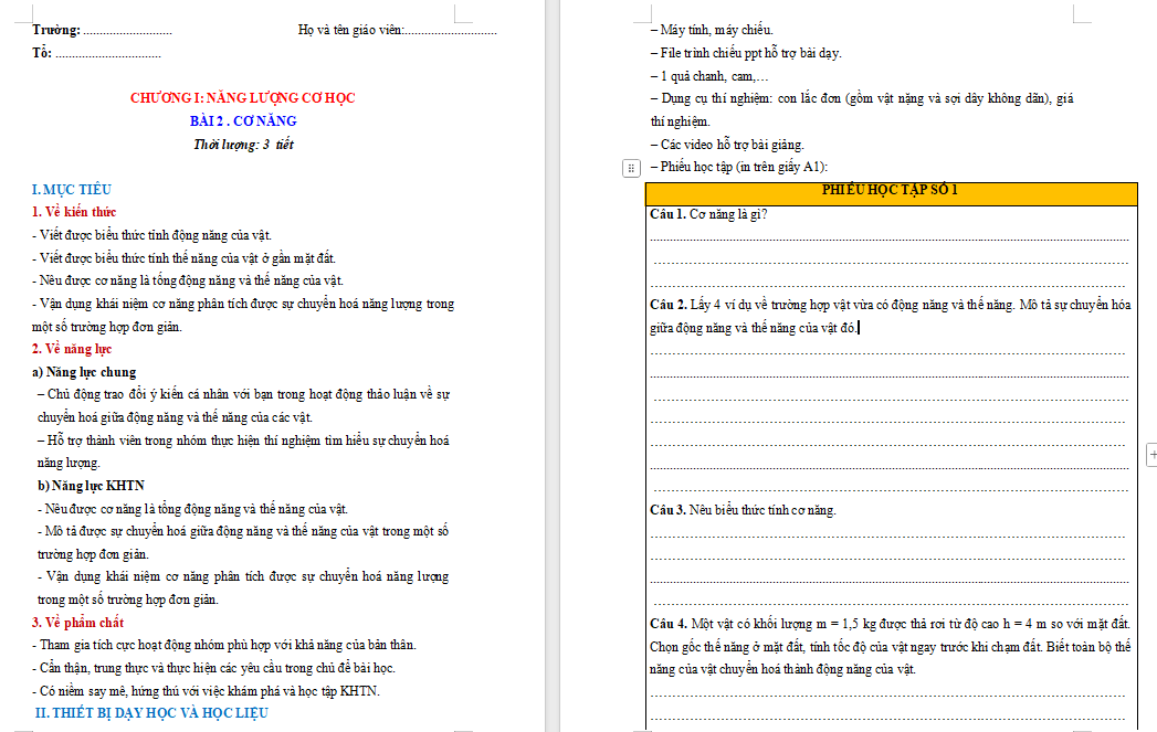 Giáo án Vật lí 9 Bài 2: Cơ năng