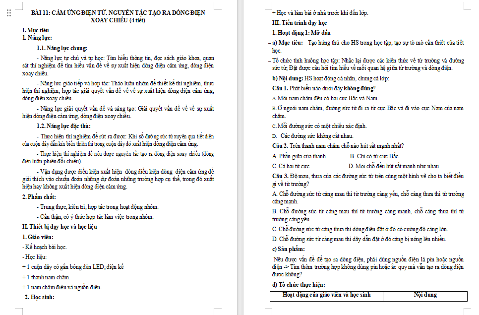 Giáo án Vật lí 9 Cánh diều Bài 11
