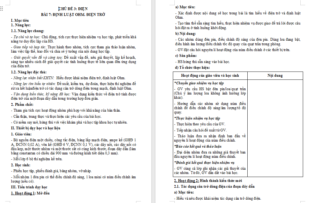 Giáo án Vật lí 9 Bài 7: Định luật Ohm Điện trở