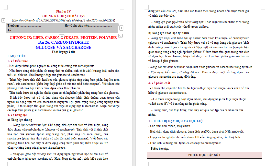 Giáo án Hóa học 9 Bài 26: Glucose và saccharose