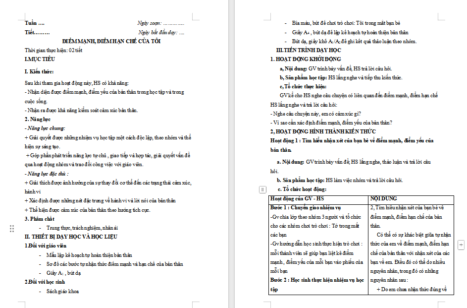 Giáo án HĐTN 7 Bài 1: Điểm mạnh, điểm hạn chế của tôi