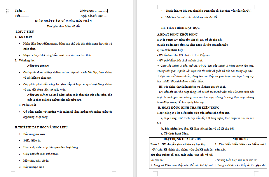 Giáo án HĐTN 7 Bài 2: Kiểm soát cảm xúc của bản thân 