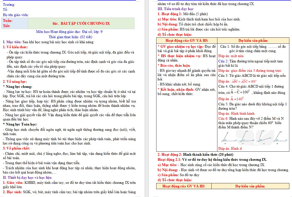 Giáo án Toán 9 KNTT Bài tập cuối Chương 9