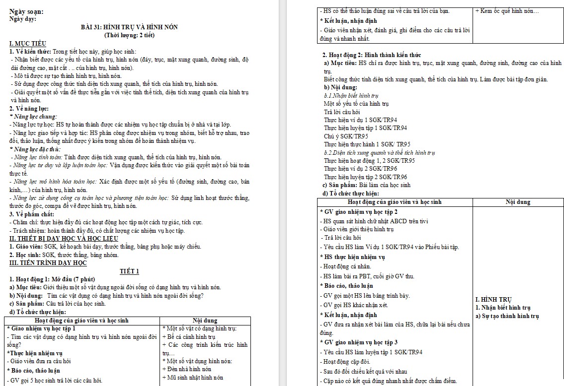 Giáo án Toán 9 KNTT Bài Hình trụ và hình nón