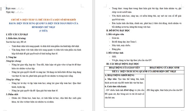 Giáo án Toán 5 Diện tích xung quanh và diện tích toàn phần của hình hộp chữ nhật
