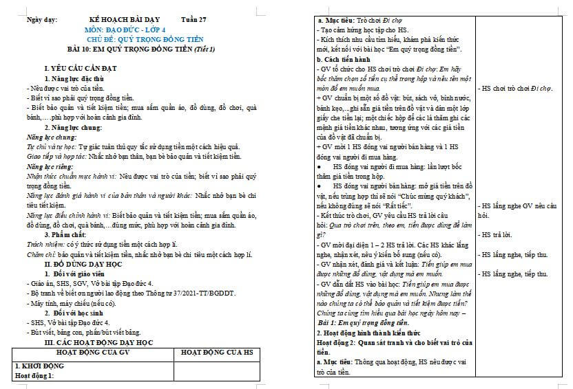 Giáo án Đạo Đức 4 Bài 10 Em quý trọng đồng tiền