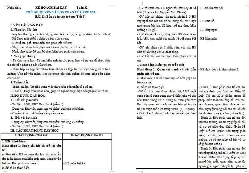 Giáo án Đạo Đức 4 Bài 12: Bổn phận của trẻ em