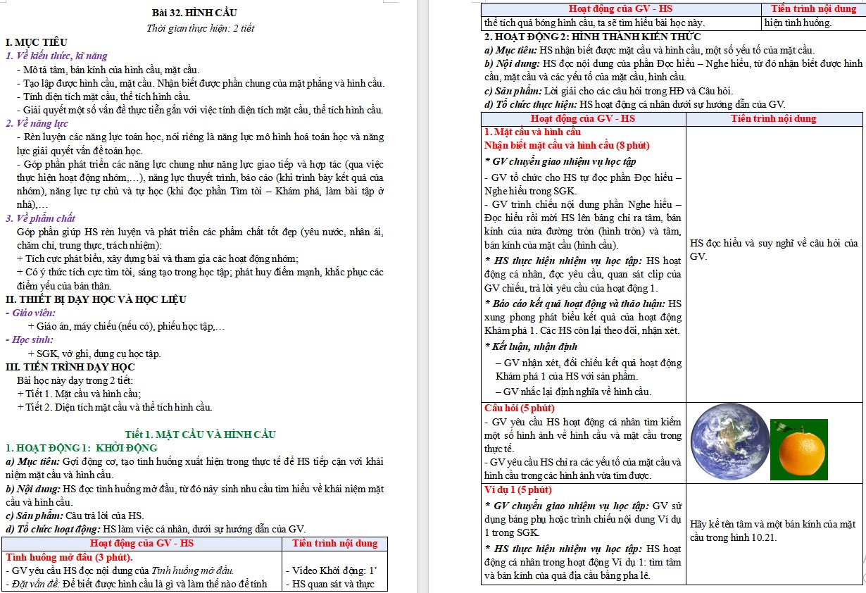 Giáo án Toán 9 KNTT Bài Hình cầu