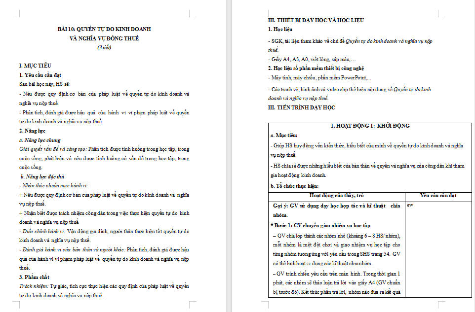 Giáo án Quyền tự do kinh doanh và nghĩa vụ nộp thuế 