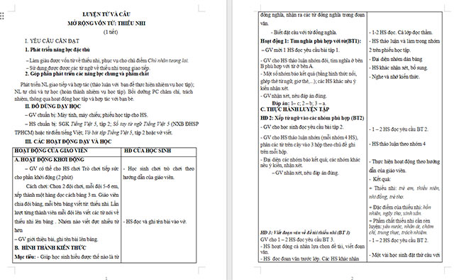 Giáo án Tiếng Việt 5 Mở rộng vốn từ Thiếu nhi