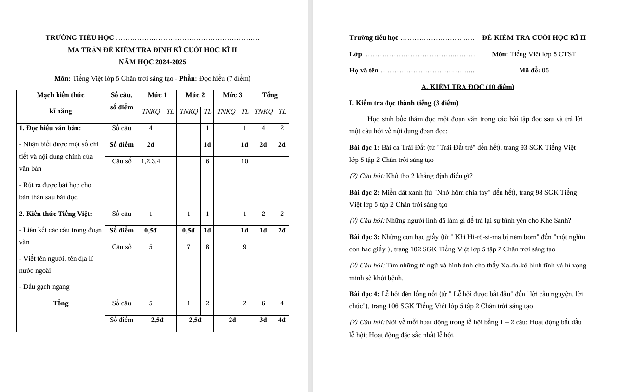 Đề thi cuối học kì 2 môn Tiếng Việt lớp 5 Chân trời sáng tạo