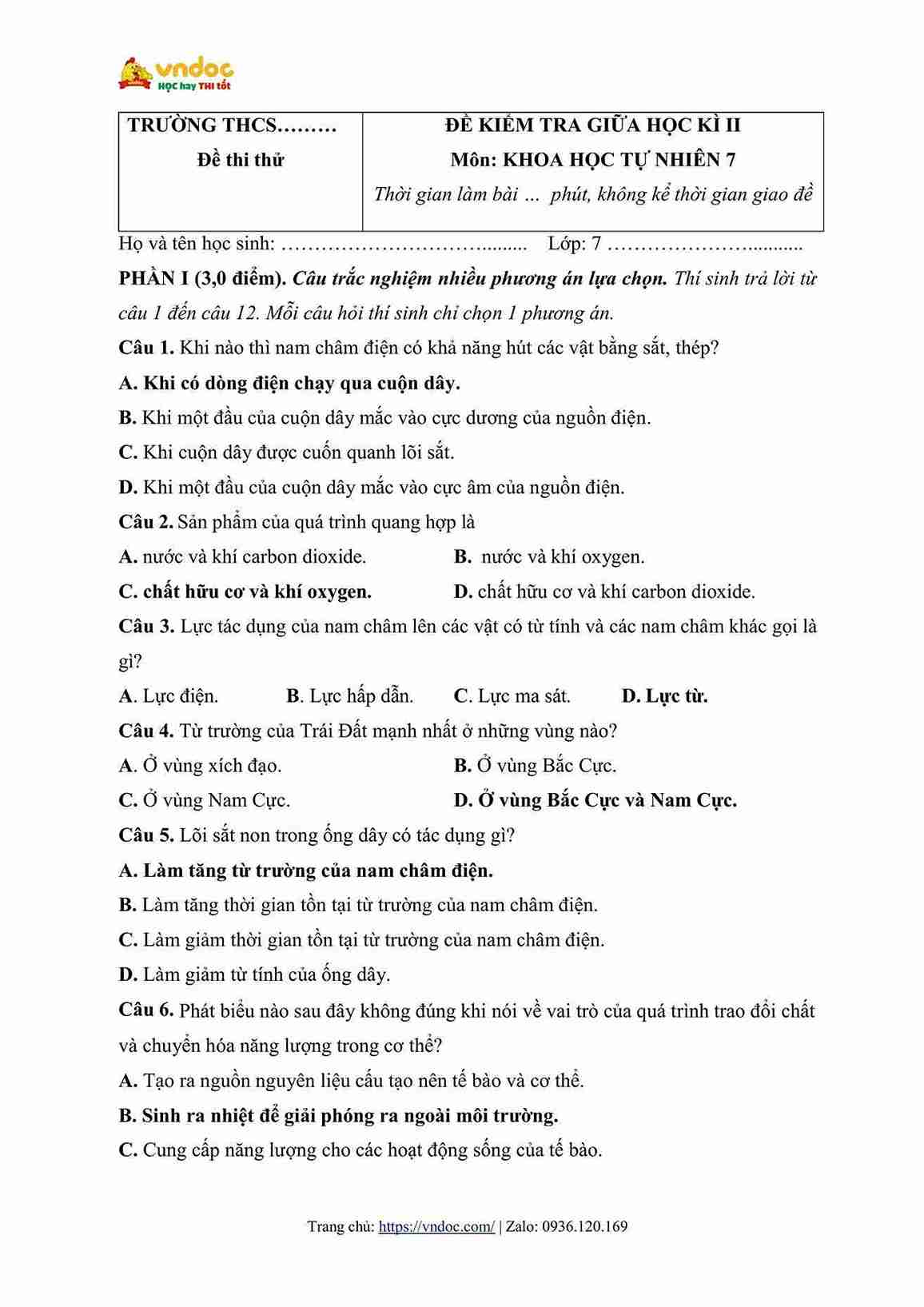 Đề thi giữa kì 2 lớp 7 môn Khoa học tự nhiên Kết nối tri thức theo CV ...