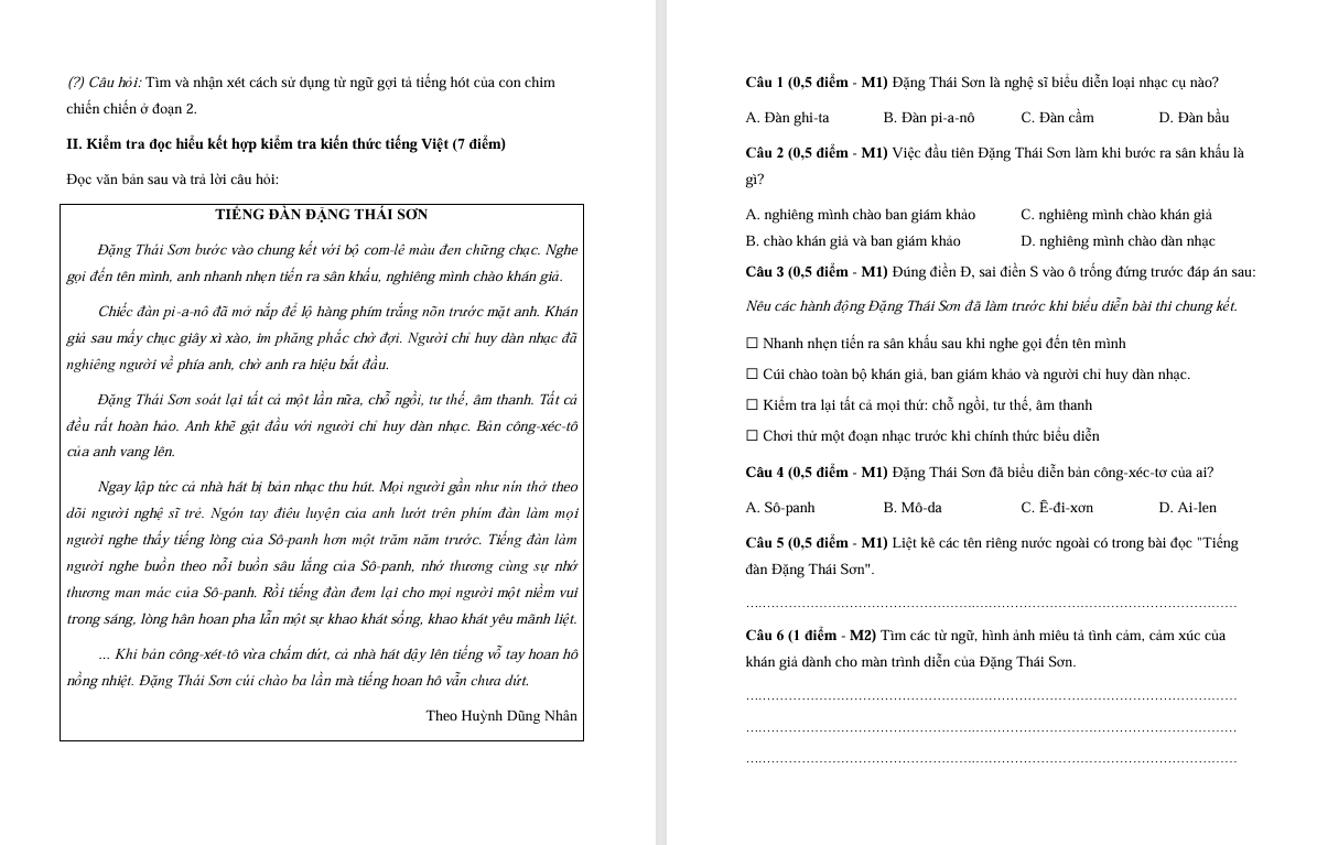 Đề thi cuối học kì 2 môn Tiếng Việt lớp 5 Chân trời sáng tạo