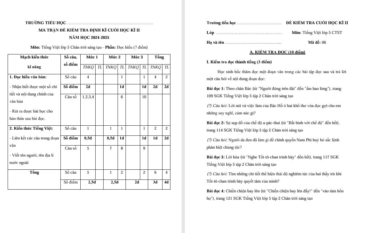 Đề thi cuối học kì 2 môn Tiếng Việt lớp 5 Chân trời sáng tạo