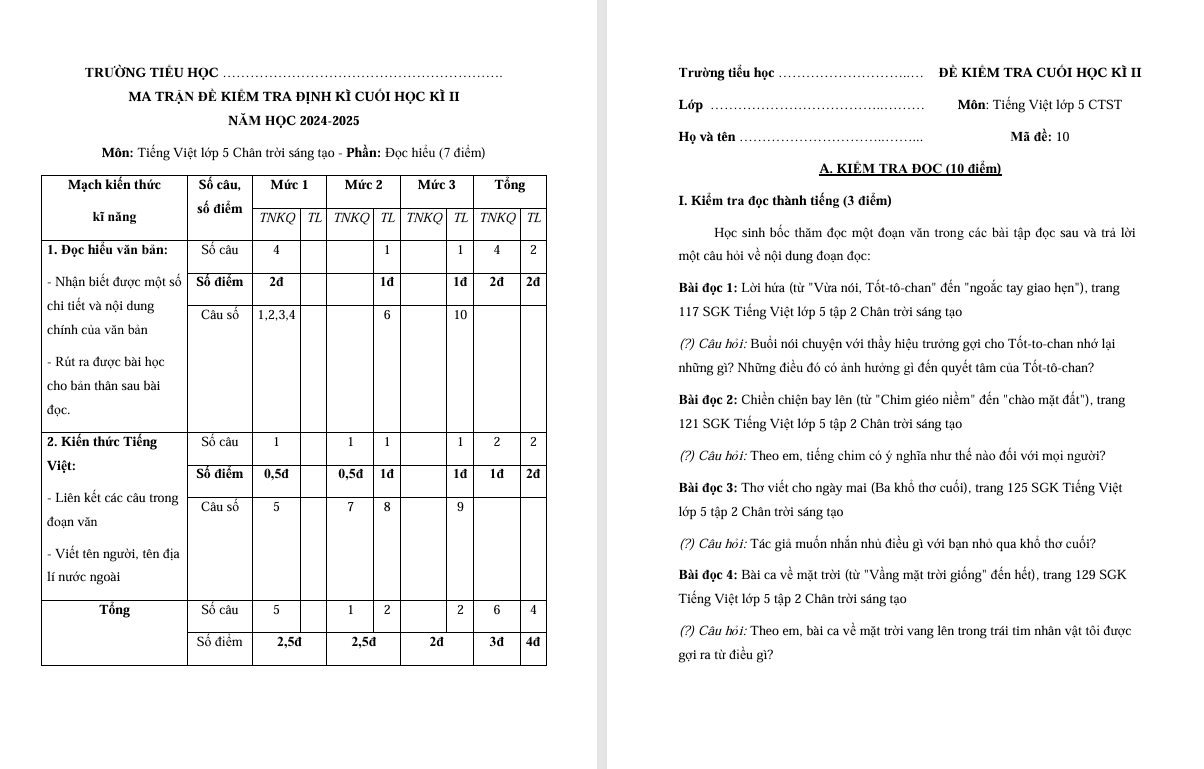 Đề thi cuối học kì 2 môn Tiếng Việt lớp 5 Chân trời sáng tạo