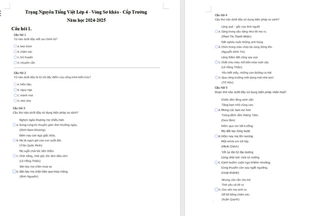 Đề thi Trạng nguyên Tiếng Việt lớp 4 năm 2024 - 2025 cấp trường (12 đề)