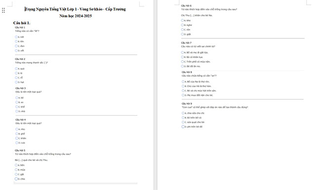 Đề thi Trạng nguyên Tiếng Việt lớp 1 năm 2024 - 2025 cấp trường