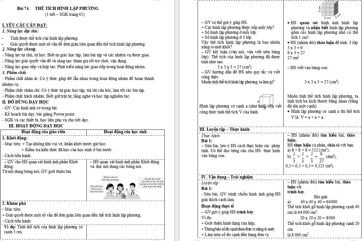 Giáo án Toán 5 CTST Bài Thể tích hình lập phương