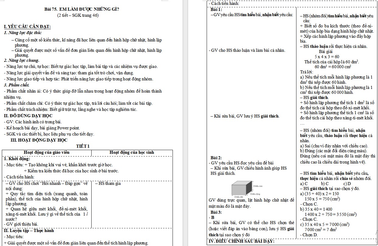Giáo án Toán 5 CTST Bài Em làm được những gì trang 46