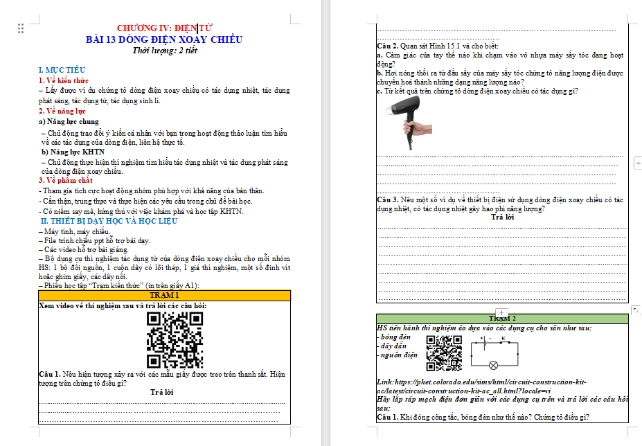 KHTN 9 Bài 13: Dòng điện xoay chiều