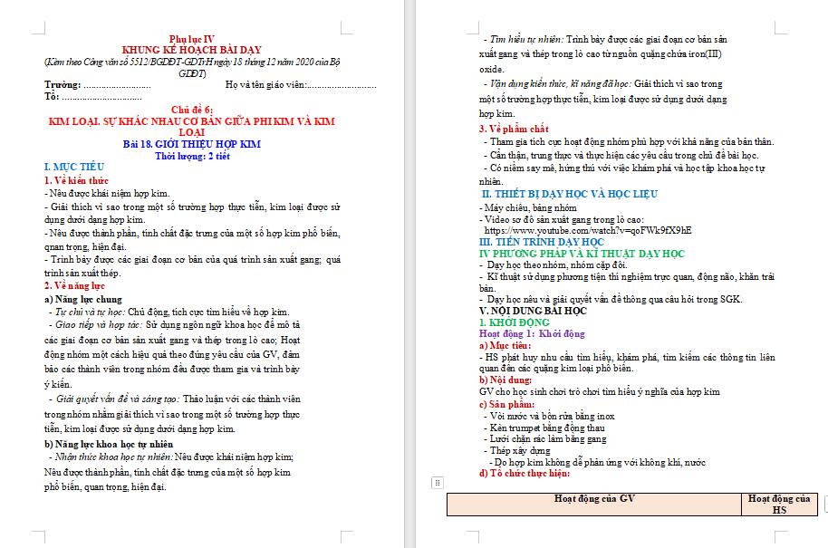 Hóa học 9 Bài 18: Giới thiệu về hợp kim