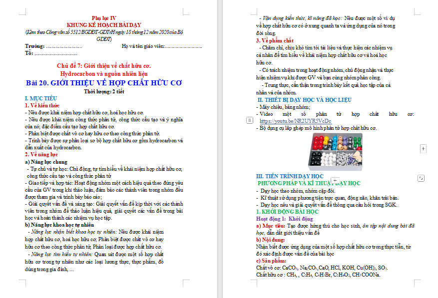 Hóa học 9 Bài 20: Giới thiệu về hợp chất hữu cơ