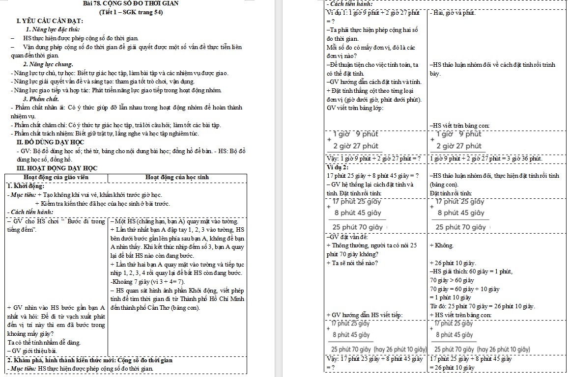 Giáo án Toán 5 CTST Bài Cộng số đo thời gian