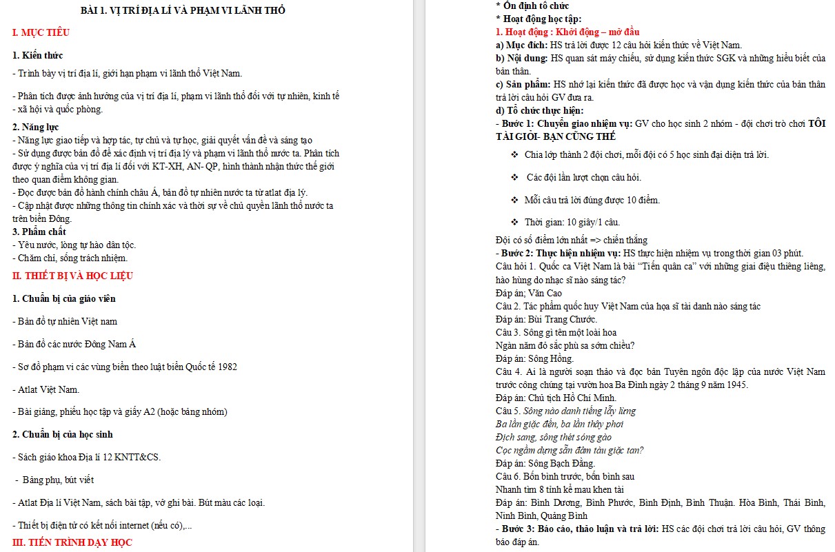 Giáo án Địa lí 12 KNTT Bài Vị trí địa lí và phạm vi lãnh thổ