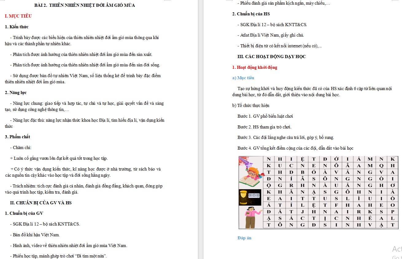 Giáo án Địa lí 12 KNTT Bài Thiên nhiên nhiệt đới ẩm gió mùa