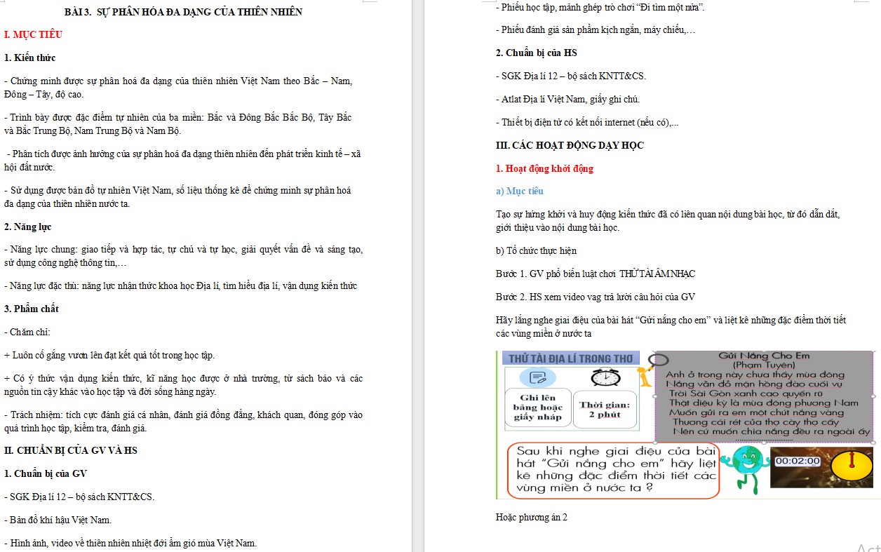 Giáo án Địa lí 12 KNTT Bài Sự phân hoá đa dạng của thiên nhiên