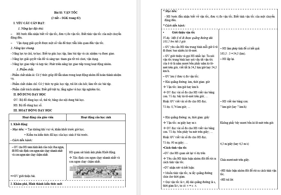 Giáo án Toán 5 CTST Bài Vận tốc