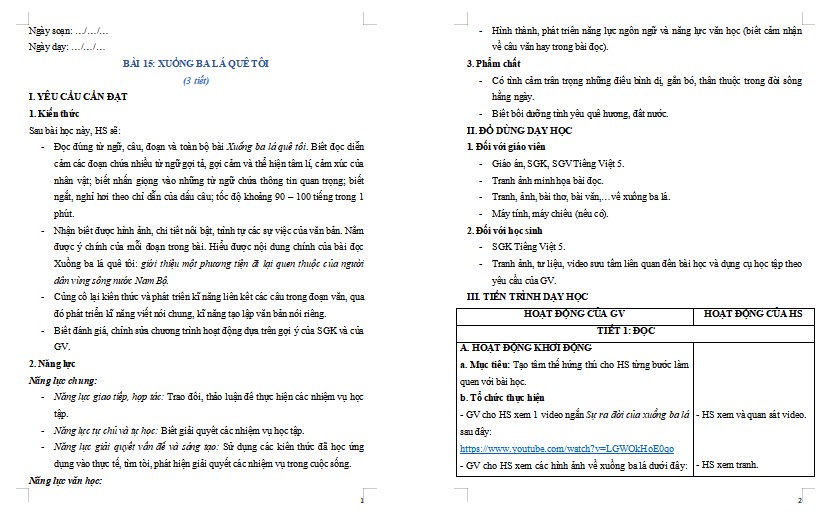 Giáo án Tiếng Việt 5 Xuồng ba lá quê tôi