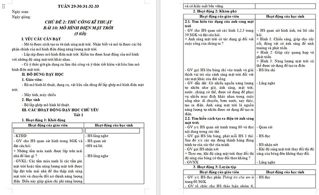 Giáo án Công nghệ 5 Mô hình điện mặt trời