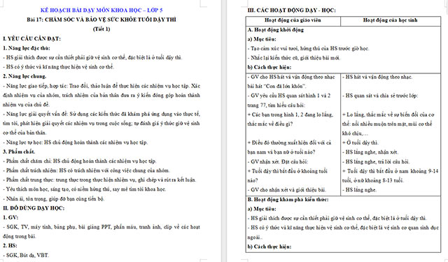 Giáo án Khoa học 5 Chăm sóc và bảo vệ sức khoẻ tuổi dậy thì