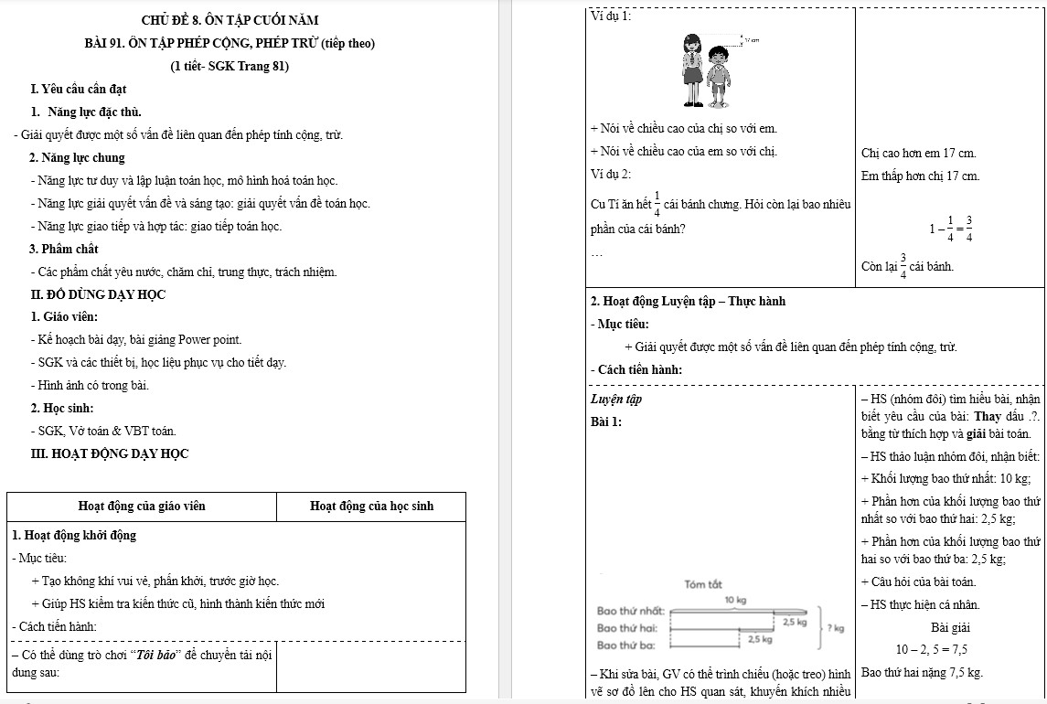 Giáo án Toán 5 CTST Bài Ôn tập phép cộng, phép trừ trang 81