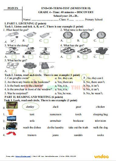 Đề thi học kì 2 lớp 4 môn Tiếng Anh English Discovery