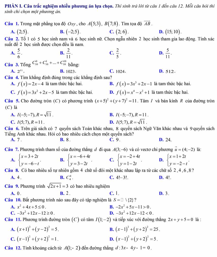Bộ đề thi học kì 2 Toán 10 Chân trời sáng tạo - Số 2