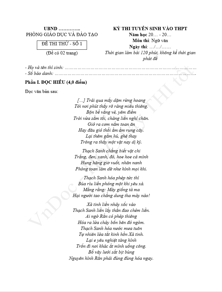 Đề thi thử vào 10 môn Văn năm 2025