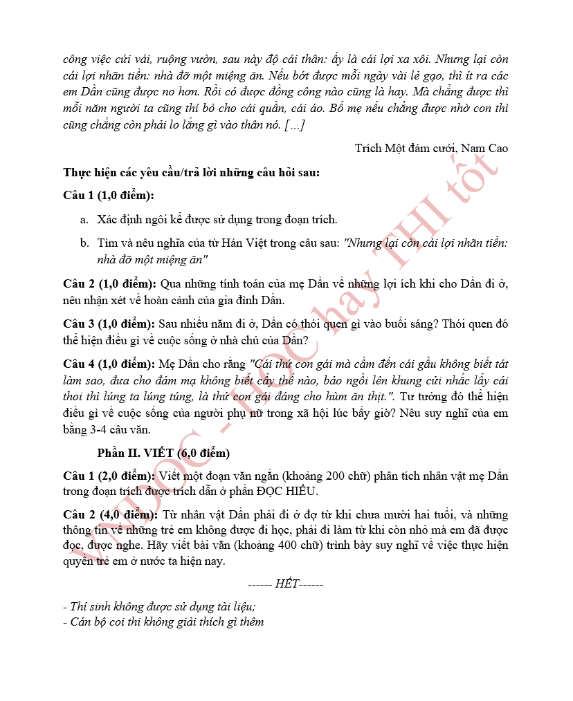 Đề thi thử vào 10 môn Văn năm 2025