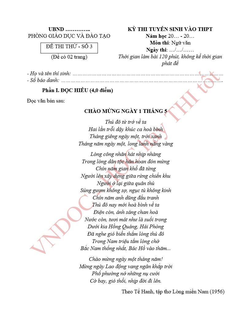 Đề thi thử vào 10 môn Văn năm 2025