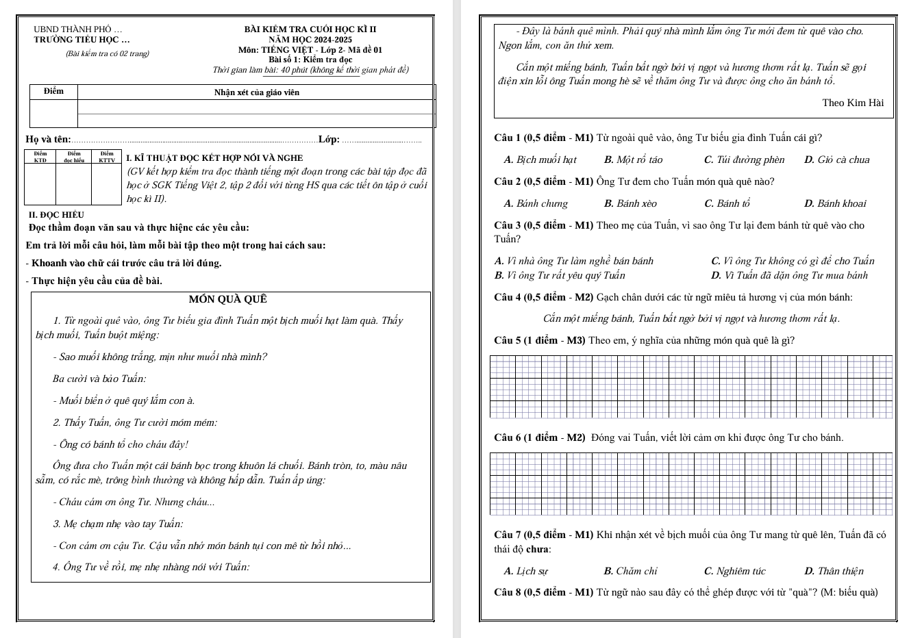 Đề thi Tiếng Việt lớp 2 học kì 2 năm 2025