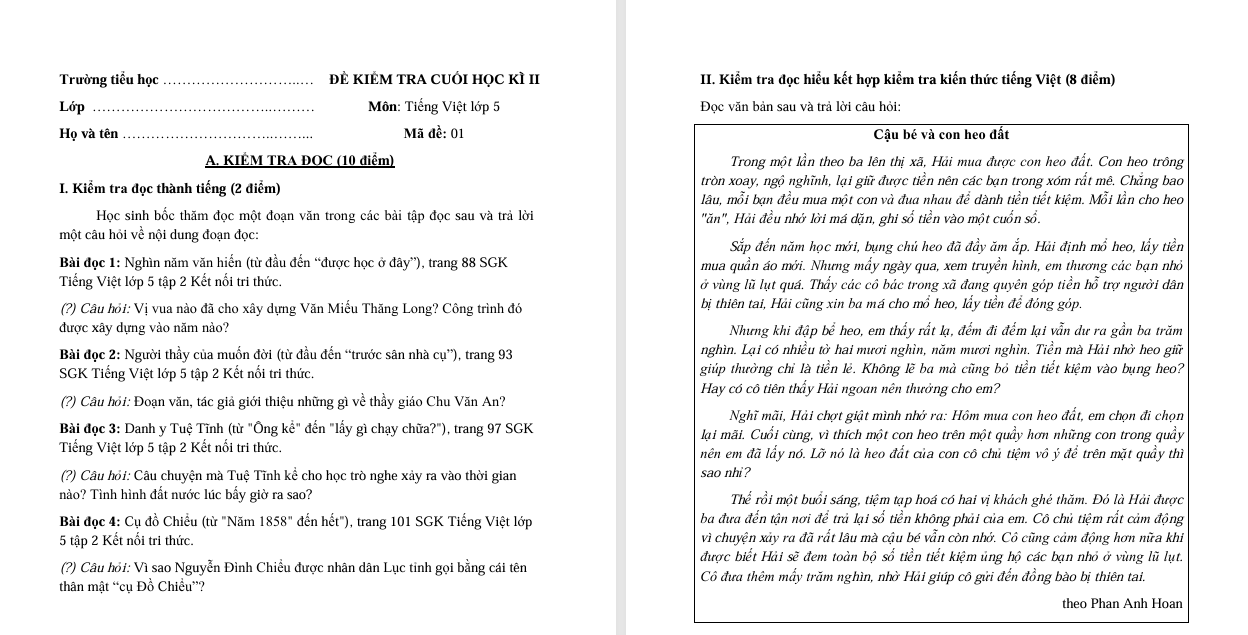 Đề thi cuối học kì 2 lớp 5 môn Tiếng Việt