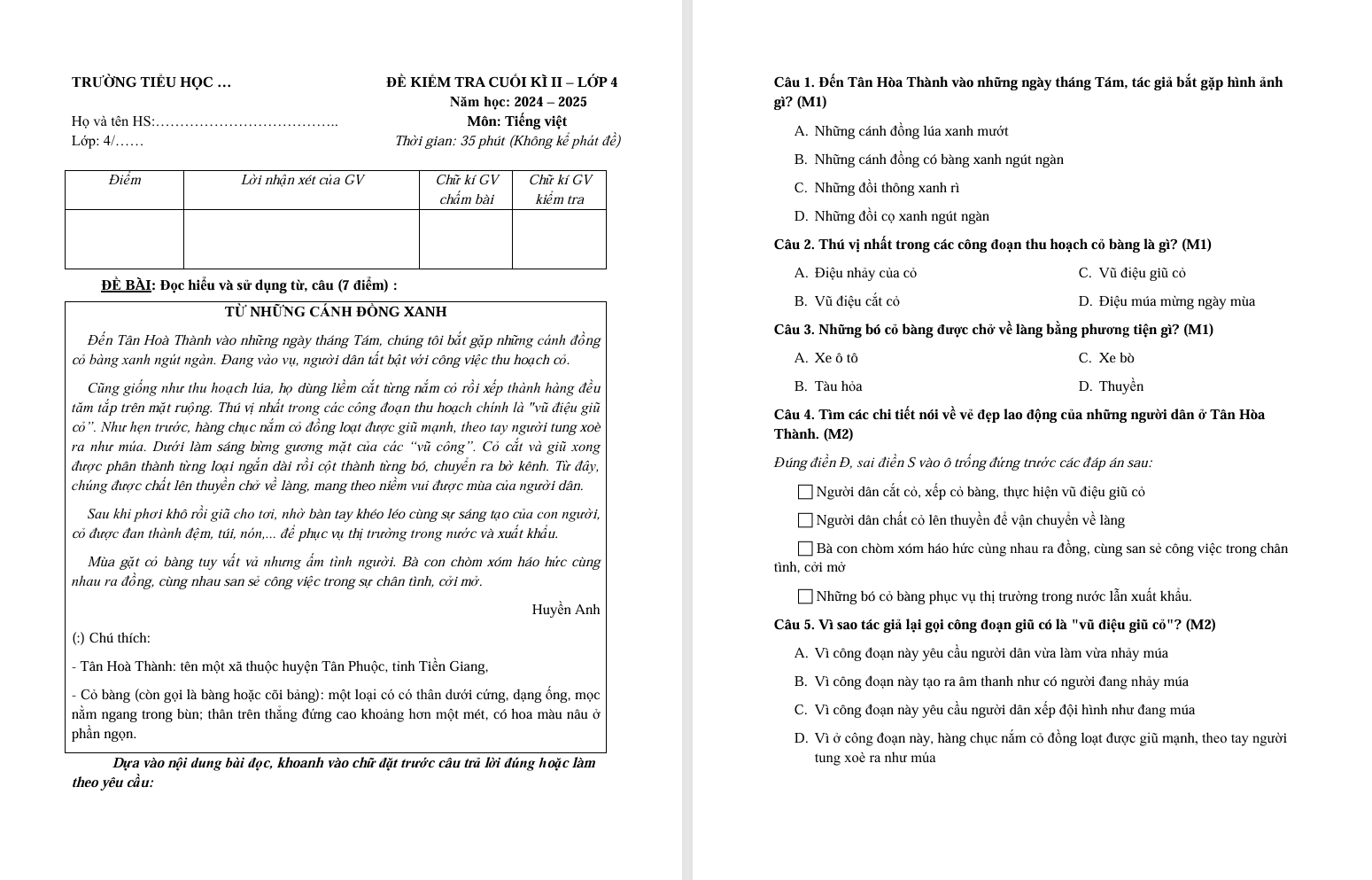 Đề thi Tiếng Việt lớp 4 học kì 2 năm 2025