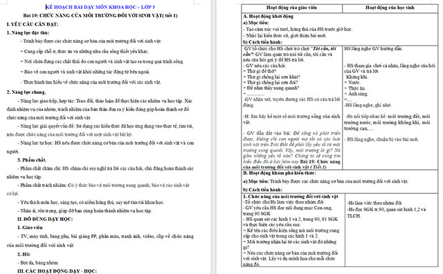 Giáo án Khoa học 5 Chức năng của môi trường đối với sinh vật