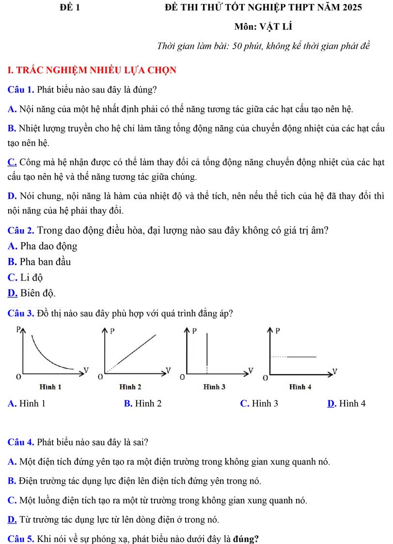 Đề thi thử tốt nghiệp môn Vật lý