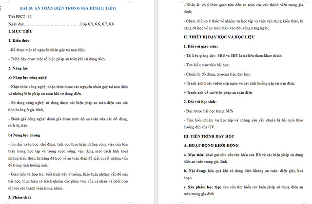 Giáo án Công nghệ 6 Bài 10: An toàn điện trong gia đình